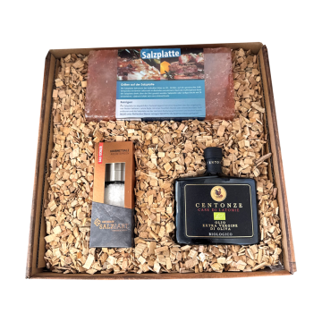 Geschenkset Grillgenuss bestehend aus 2 Salzplatten, Olivenöl und Salzmühle