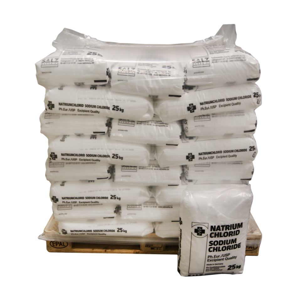 1000kg Natriumchlorid Sodiumchlorid Pharma Ph.Eur./USP Excipient Quality Made in Germany 40 x 25 kg Sack auf Palette