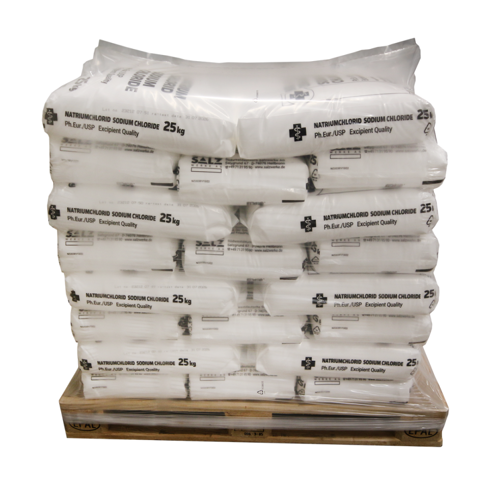 1000kg Natriumchlorid Sodiumchlorid Pharma Ph.Eur./USP Excipient Quality Made in Germany 40 x 25 kg Sack auf Palette
