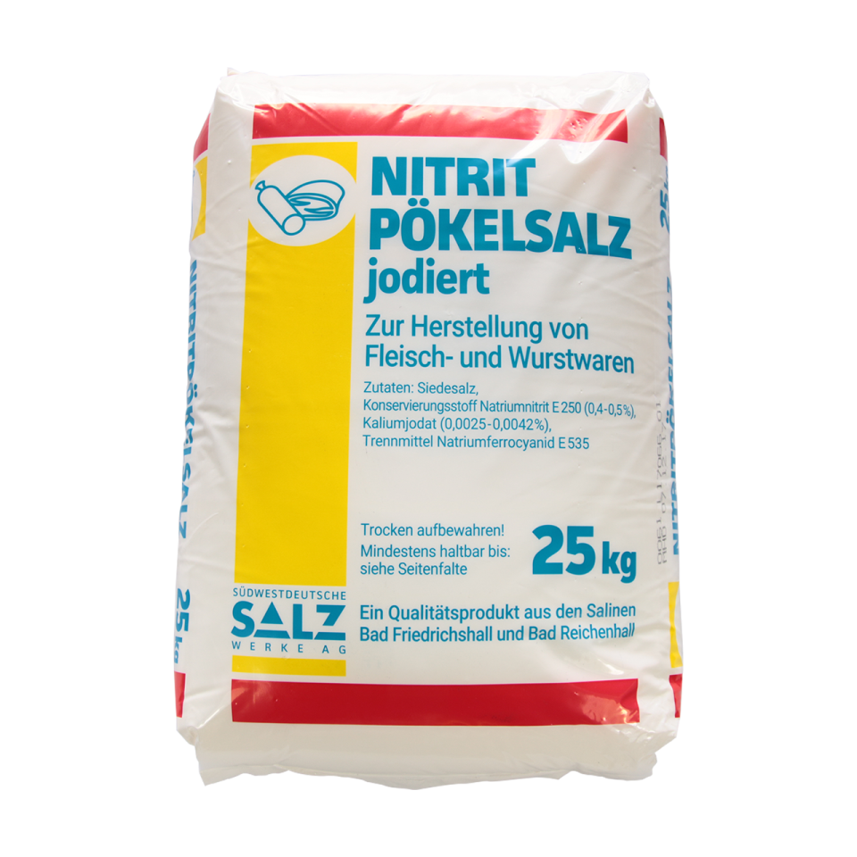 Siede-Nitritpökelsalz jodiert mit 0,5-0,6 % Nitrit im 25 kg Sack Siede-Nitritpökelsalz jodiert mit 0,5-0,6 % Nitrit im 25 kg Sack