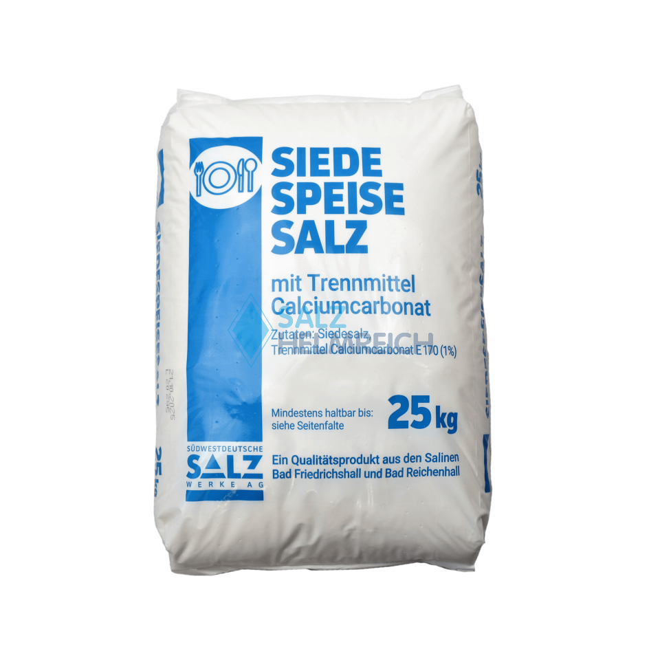 Siede-Speisesalz fein mit Calciumcarbonat 0-1 mm im 25 kg Sack Siede-Speisesalz fein mit Calciumcarbonat 0-1 mm im 25 kg Sack