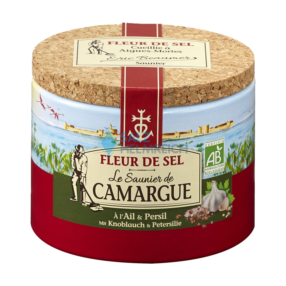 Fleur De Sel Gewürzmischung mit Knoblauch und Petersilie 125 Gramm Dose aus der Camargue mit Korkdeckel Fleur De Sel Gewürzmischung mit Knoblauch und Petersilie 125 Gramm Dose aus der Camargue mit Korkdeckel