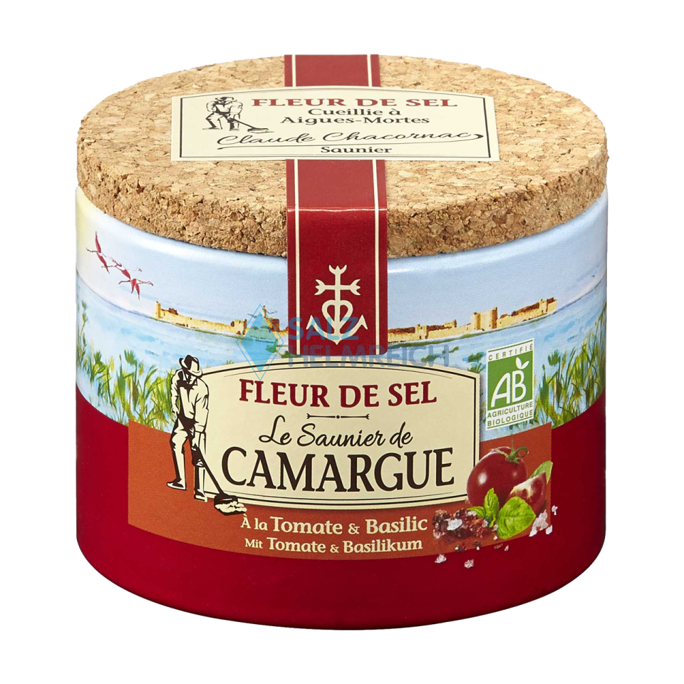 Fleur De Sel Gewürzmischung mit Tomate und Basilikum 125 Gramm Dose aus der Camargue mit Korkdeckel Fleur De Sel Gewürzmischung mit Tomate und Basilikum 125 Gramm Dose aus der Camargue mit Korkdeckel