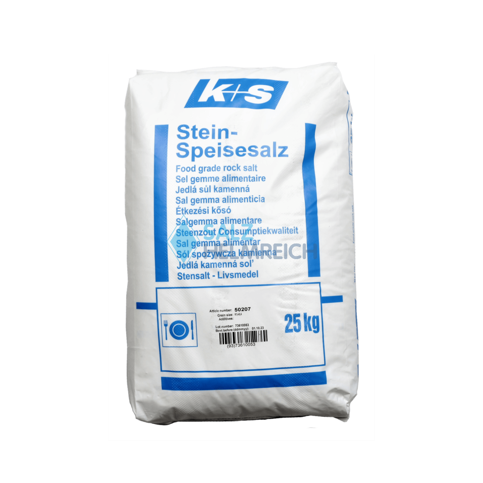 Stein-Speisesalz grob 0,4-1,4 mm ohne Zusätze im 25 kg Sack Stein-Speisesalz grob 0,4-1,4 mm ohne Zusätze im 25 kg Sack