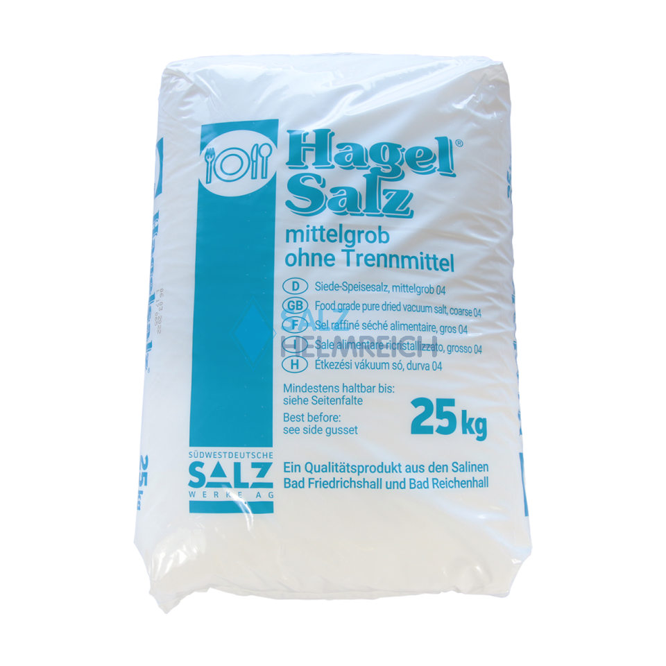 Hagelsalz mittelgrob ohne Trennmittel Siede-Speisesalz 0-2 mm im 25 kg Sack Hagelsalz mittelgrob ohne Trennmittel Siede-Speisesalz 0-2 mm im 25 kg Sack