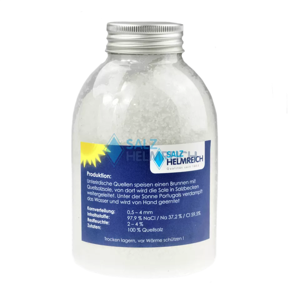 Quellsalz aus Portugal grob 0,5-4,0 mm in der 500 g Flasche